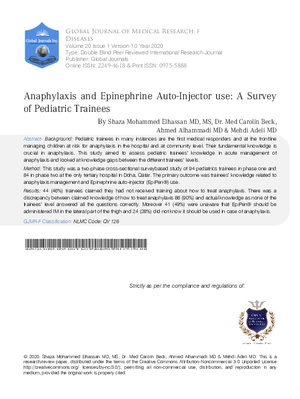 Anaphylaxis and Epinephrine Auto-Injector use: A Survey of Pediatric Trainees