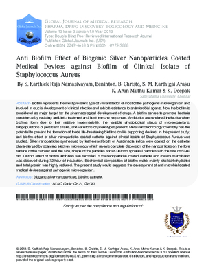 Anti Biofilm Effect of Biogenic Silver Nanoparticles Coated Medical  Devices Against  Biofilm of  Clinical Isolate of  Staphylococcus Aureus