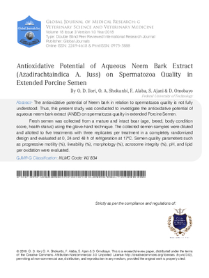 Antioxidative Potential of Aqueous Neem Bark Extract (Azadirachta indica A. Juss) on Spermatozoa Quality in Extended Porcine Semen