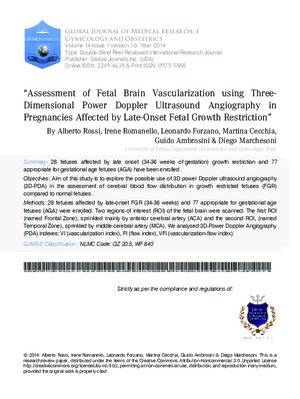 Assessment of Fetal Brain Vascularization using Three-Dimensional Power Doppler Ultrasound Angiography in Pregnancies Affected by Late-Onset Fetal Growth Restriction