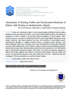 Assessment of Hearing Profile and Psychosocial Reactions of Elderly with Tinnitus in Southwestern, Nigeria