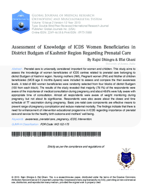 Assessment of Knowledge of ICDS Women Beneficiaries in District Budgam of Kashmir Region Regarding Prenatal Care