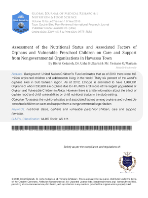 Assessment of the Nutritional Status and Associated Factors of Orphans and Vulnerable Preschool Children on Care and Support from Nongovernmental Organizations in Hawassa Town, Southern Ethiopia