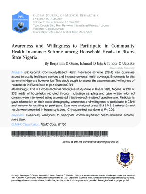 Awareness and Willingness to Participate in Community Health Insurance Scheme Among Household Heads in Rivers State Nigeria