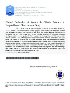 Clinical Evaluation of Anemia in Elderly Patients- A Hospital based Observational Study