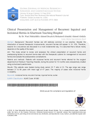 Clinical Presentation and Management of Recurrent Inguinal and Incisional Hernia in Khartoum Teaching Hospital.