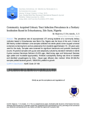 Community Acquired Urinary Tract Infection Prevalence in a Tertiary Institution Based in Evbuobanosa, Edo State, Nigeria