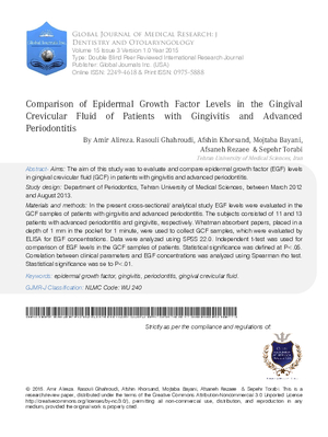 Comparison of Epidermal Growth Factor Levels in the Gingival Crevicular Fluid of  Patients With Gingivitis and Advanced Periodontitis.