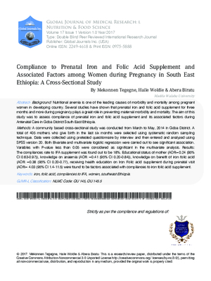 Compliance to prenatal Iron and Folic acid supplement and associated factors among women during pregnancy in South East Ethiopia: A Cross-sectional study