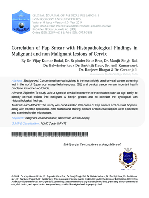 Correlation of Pap Smear with Histopathological Findings in Malignant and Non Malignant Lesions of Cervix