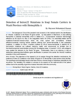 Detection of Intron22 Mutations in Iraqi Female Carriers in Wasit Province with Hemophilia A