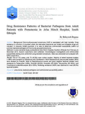 Drug Resistance Patterns of Bacterial Pathogens from Adult Patients with Pneumonia in Arba Minch Hospital, South Ethiopia
