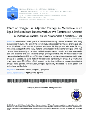 Effect of Omega-3 as Adjuvant Therapy to Methotrexate on Lipid Profile in Iraqi Patients with Active Rheumatoid Arthritis