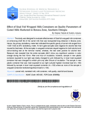 Effect of Sisal Foil Wrapped Milk Containers on Quality Parameters of Camel Milk Marketed in Borana Zone, Southern Ethiopia