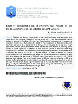 Effect of Supplementation of Mulberry Leaf Powder on the Blood Sugar Levels of the Selected NIDDM Subjects