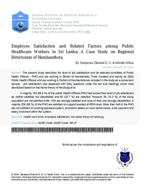 Employee Satisfaction and Related Factors among Public Healthcare Workers in Sri Lanka: A Case Study on Regional Directorate of Hambanthota
