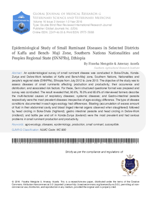 Epidemiological Study of Small Ruminant Diseases in Selected Districts of Kaffa and Bench- Maji Zone, Southern Nations Nationalities and Peoples Regional State (SNNPRs), Ethiopia