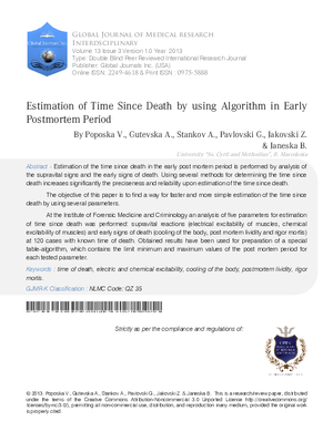 Estimation of Time Since Death by Using Algorithm in Early Postmortem Period