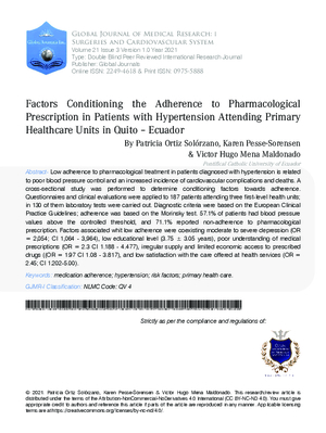 Factors Conditioning the Adherence to Pharmacological Prescription in Patients with Hypertension Attending Primary Healthcare Units in Quito 2013; Ecuador