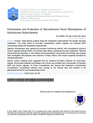 Formulation and Evaluation of Mucoadhesive Nasal Microspheres of Hydralazine Hydrochloride
