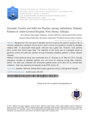 Glycemic Control and Self-Care Practice among Ambulatory Diabetic Patients in Ambo General Hospital, West Showa, Ethiopia