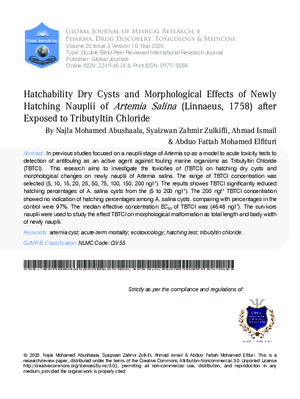 Hatchability Dry Cysts and Morphological Effects of Newly Hatching Nauplii of Artemia Salina (Linnaeus, 1758) After Exposed to Tributyltin Chloride