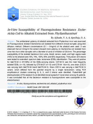 In-Vitro Susceptibility of Fluoroquinolone Resistance Escherichia Coli to Alkaloid Extracted from Phyllanthusniruri
