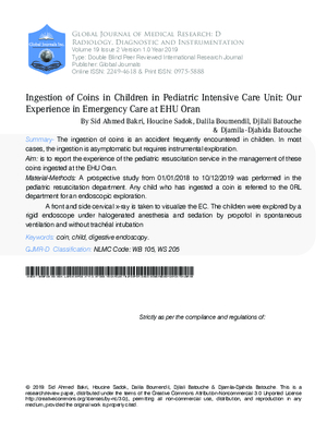 Ingestion of Coins in Children in Pediatric Care Unit: Our Experience in Emergency Care at EHU Oran