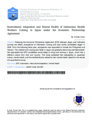 Intercultural Adaptation and Mental Health of Indonesian Health Workers Coming to Japan under the Economic Partnership Agreement