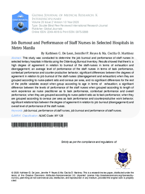 Job Burnout and Performance of Staff Nurses in Selected Hospitals in Metro Manila