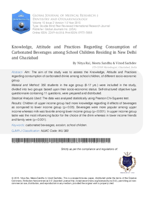 Knowledge, Attitude and Practices Regarding Consumption of Carbonated Beverages among School Children Residing in New Delhi and Ghaziabad