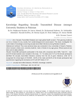 Knowledge Regarding Sexually Transmitted Disease Amongst University Students in Pakistan