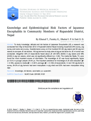 Knowledge and Epidemiological Risk Factors of Japanese Encephalitis in Community Members of Rupandehi District, Nepal