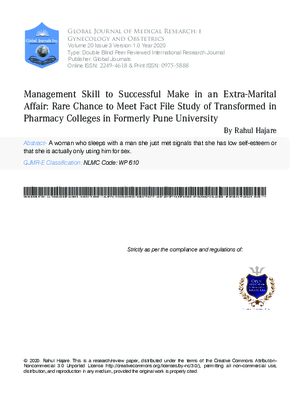 Management Skill to Successful Make in an Extra-Marital Affair: Rare Chance to Meet Fact File Study of Transformed in Pharmacy Colleges in Formerly Pune University