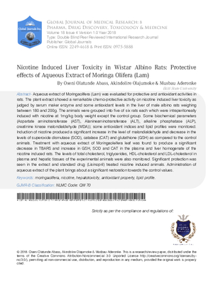 Nicotine Induced Liver Toxicity in Wistar Albino Rats: Protective Effects of Aqueous Extract of Moringa Olifera (Lam)