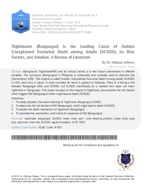 Nightmares (Bangungut) is the Leading Cause of Sudden Unexplained Nocturnal Death among Adults( SUNDS), its Risk Factors, and Solution. A Review of Literature