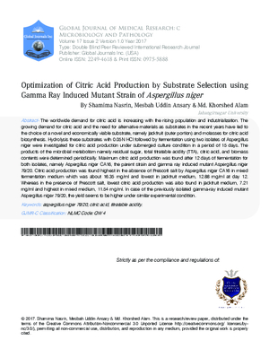 Optimization of Citric Acid Production by Substrate Selection Using Gamma Ray Induced Mutant Strain of Aspergillus niger