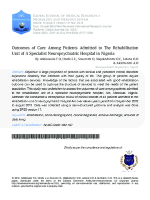 Outcomes of Care among Patients Admitted to the Rehabilitation Unit of a Specialist Neuropsychiatric Hospital in Nigeria
