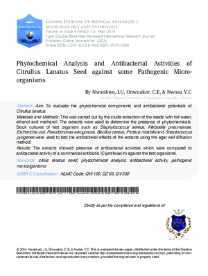 Phytochemical Analysis and Antibacterial Activities of Citrullus Lanatus Seed against some Pathogenic Microorganisms