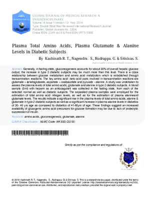 Plasma Total Amino Acids, Plasma Glutamate and Alanine Levels in Diabetic Subjects