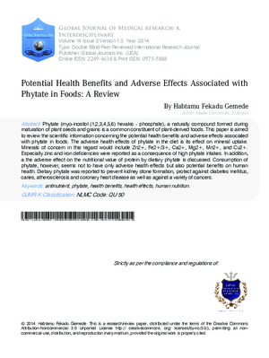 Potential Health Benefits and Adverse Effects Associated with Phytate in Foods: A Review