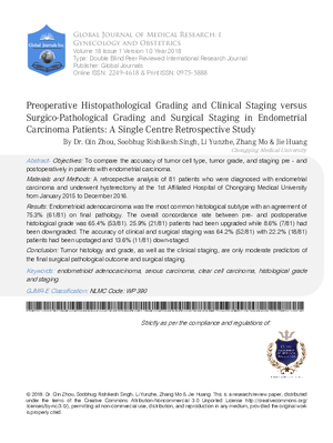 Preoperative Histopathological Grading and Clinical Staging Versus Surgico-Pathological Grading and Surgical Staging in Endometrial Carcinoma Patients: A Single Centre Retrospective Study