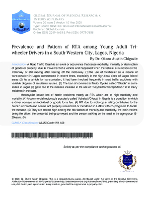 Prevalence and Pattern of RTA among Young Adult Tri-wheeler drivers in a South-western City, Lagos, Nigeria