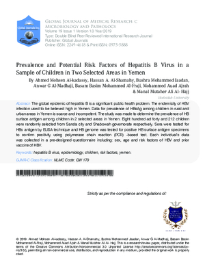 Prevalence and Potential Risk Factors of Hepatitis B Virus in a Sample of Children in two Selected Areas in Yemen