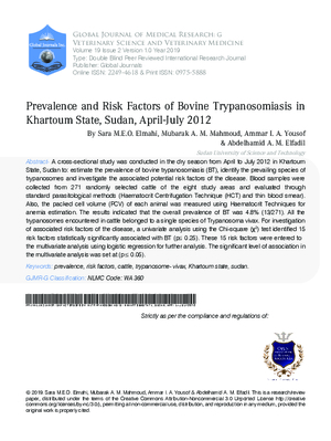 Prevalence and Risk Factors of Bovine Trypanosomiasis in  Khartoum State, Sudan, April-July 2012