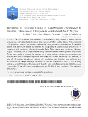 Prevalence of Resistant Strains of Streptococcus Pneumoniae to Oxacillin, Ofloxacin and Rifampicin in Abraka South-South Nigeria