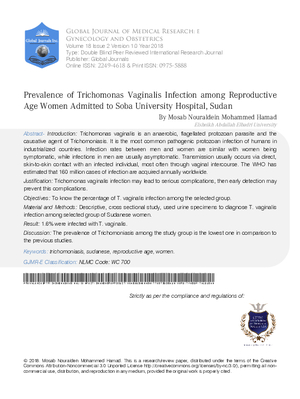 Prevalence of Trichomonas Vaginalis Infection among Reproductive Age Women Admitted to Soba University Hospital, Sudan