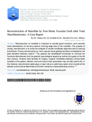 Reconstruction of Mandible by Free fibula Vascular Graft after Total Mandibulectomy- A Case Report