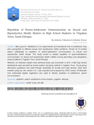 Repetition of Parent-Adolescent Communication on Sexual and Reproductive Health Matters in High School Students in Yirgalem Town, South Ethiopia