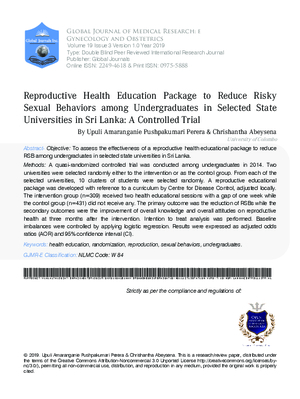 Reproductive Health Education Package to Reduce Risky Sexual Behaviors among Undergraduates in Selected State Universities in Sri Lanka: A Controlled Trial